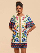 Colorful Floral Print Dress - L, Blue image