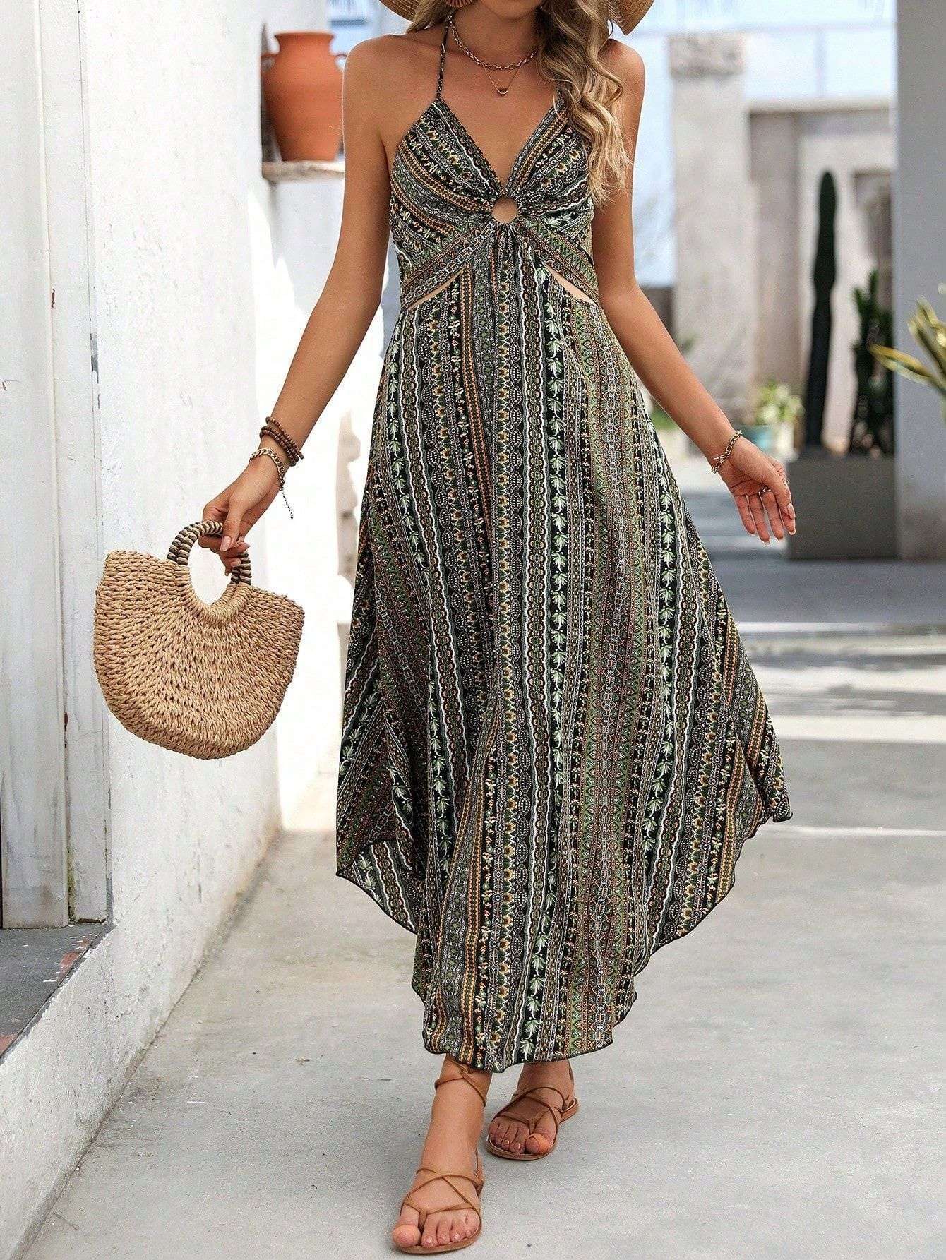 Bohemian Patterned Cut-Out Maxi Dress - L, Army Green image