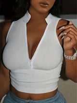 Sleeveless V-Neck Zip-Front Crop Top image 1