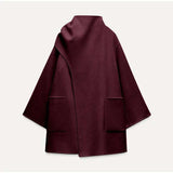 Scarf Collar Solid Midi Coat - L, Wine Red image