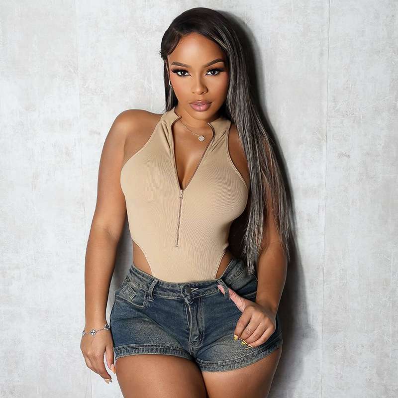 Sleeveless Zip-Front Bodysuit - M, Beige image