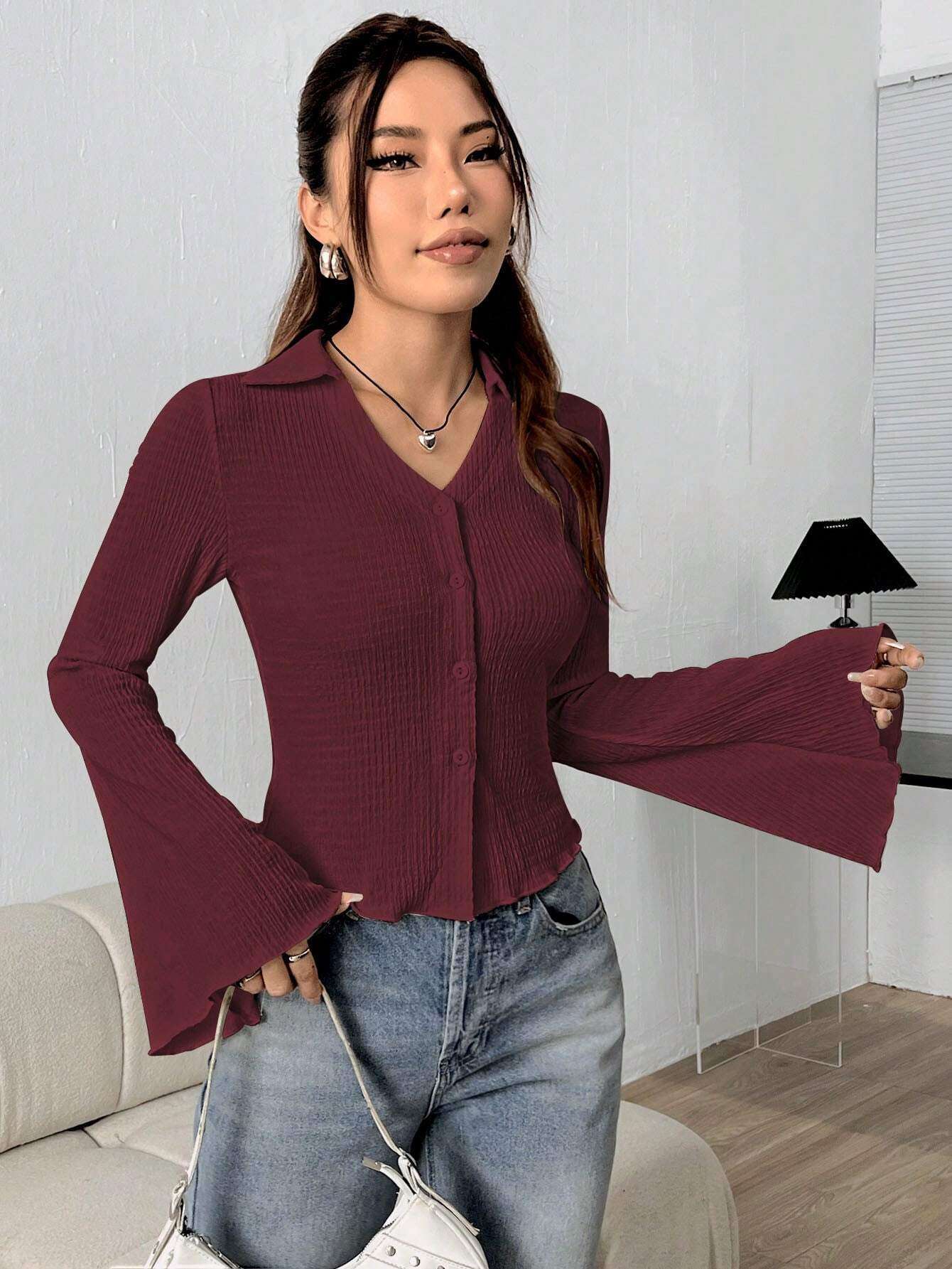 Ribbed Bell Sleeve Blouse with V-Neck image 2