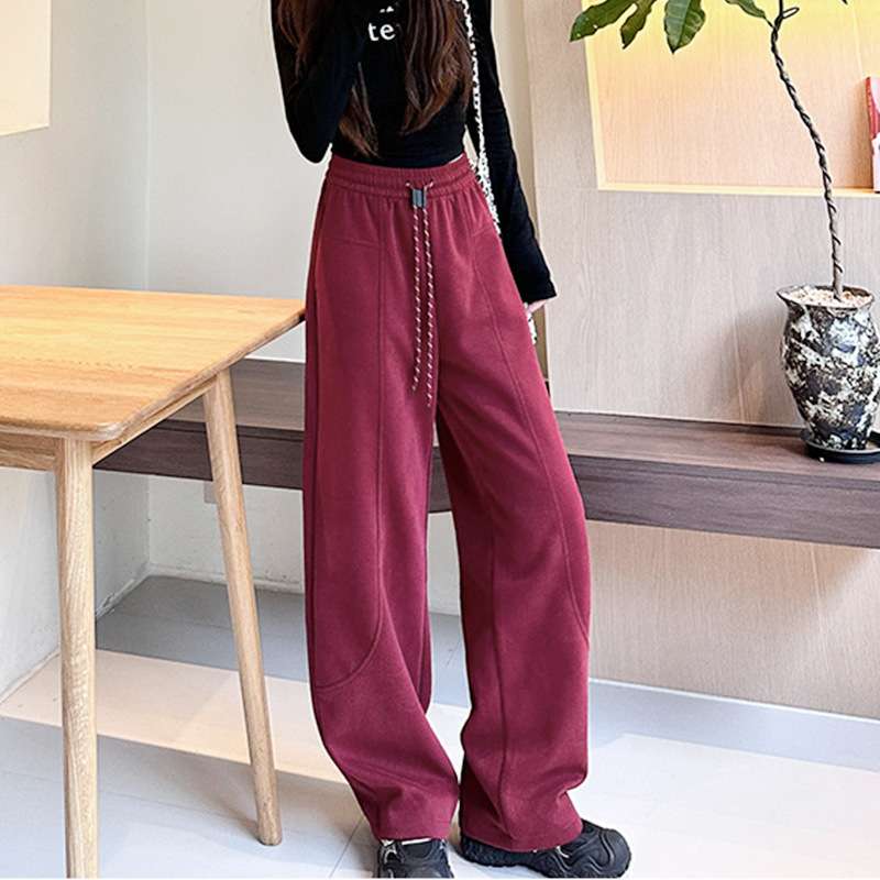 Wide Leg Pants High Waisted Drawstring Loose Trousers - M, Red image