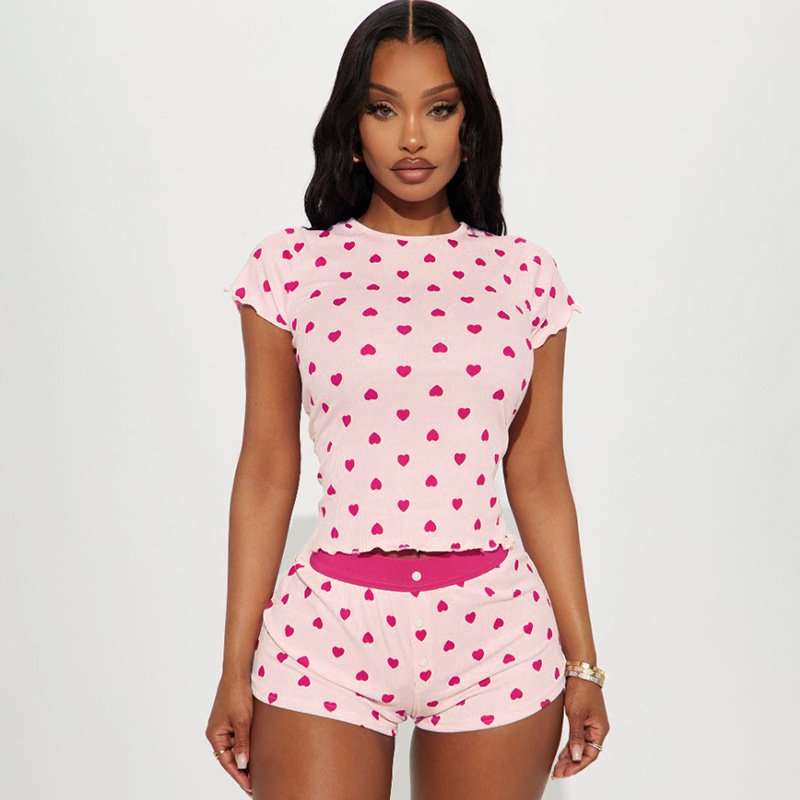 Heart-Print Ribbed Pajama Set - M, Multi Pink image