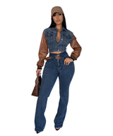 Patchwork Denim Set cropped jackethigh-waist jeans - M, Blue image