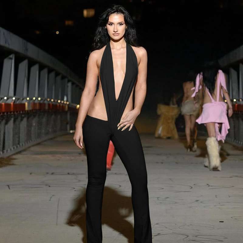 Deep Plunge Halter Jumpsuit - L, Black image