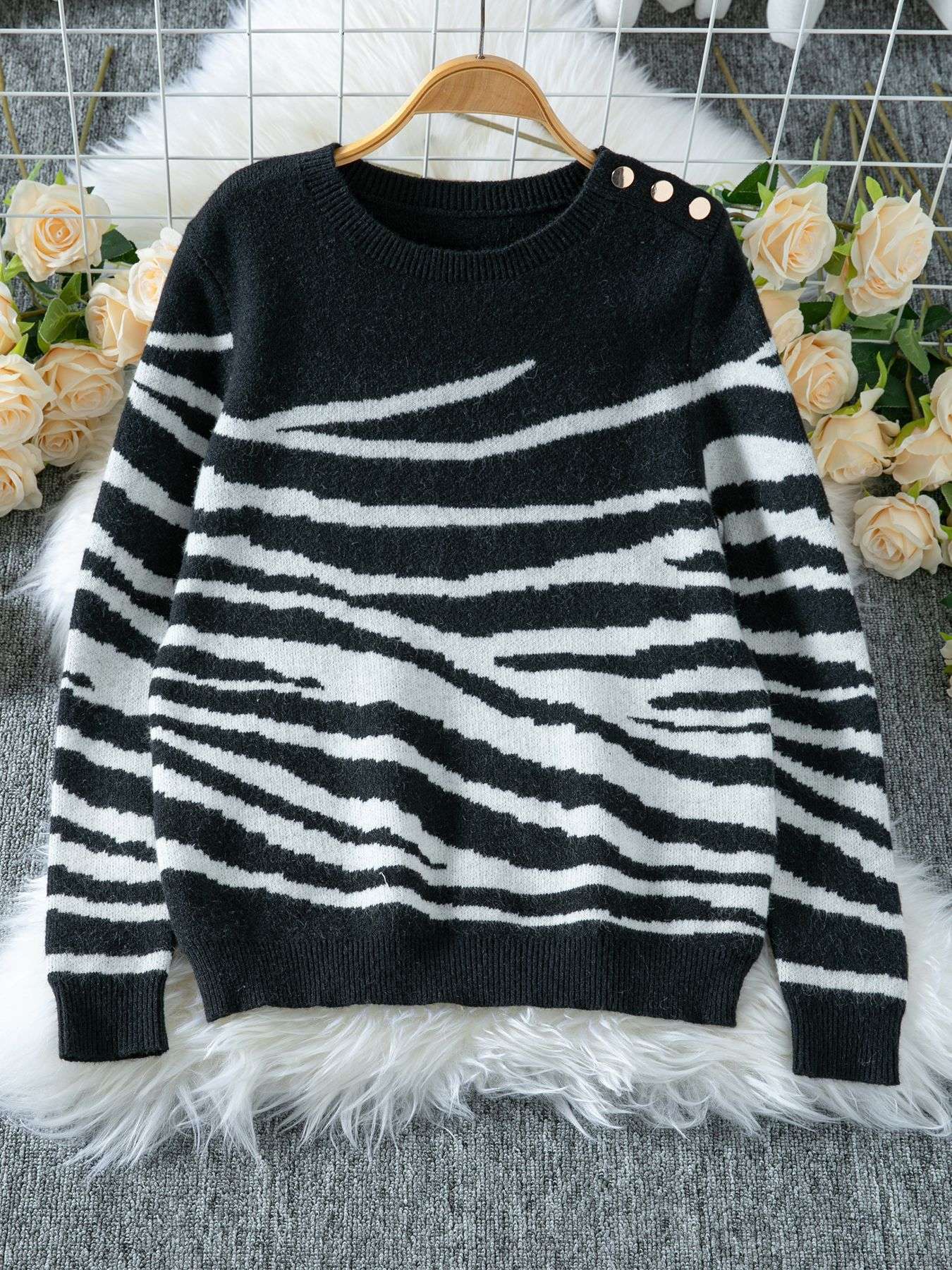 Striped Knit Sweater with Shoulder Buttons - L, Black image