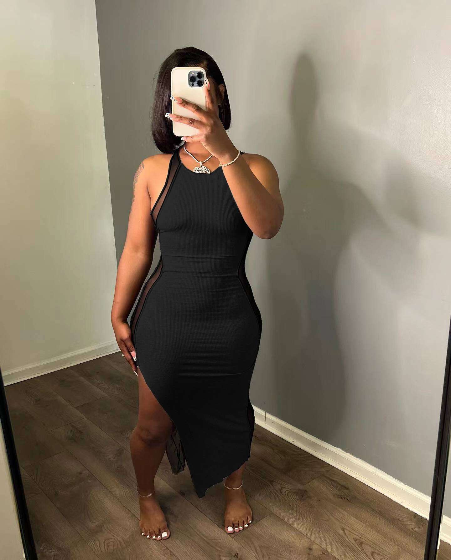 Sleeveless Bodycon Maxi Dress with Side Panels - M, Black image