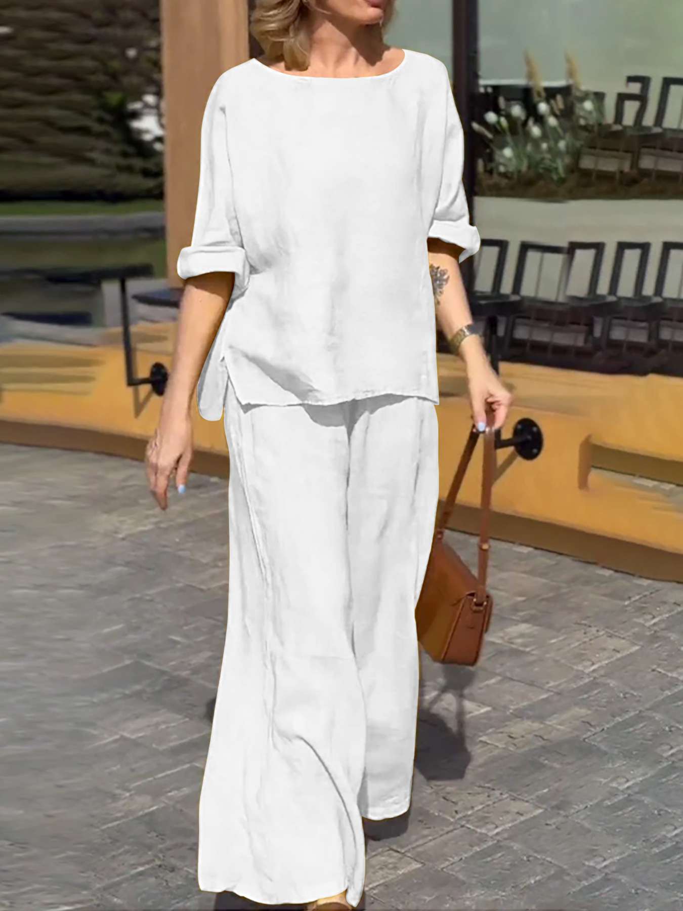 Two-Piece Wide-Leg Pants Set - L, White image