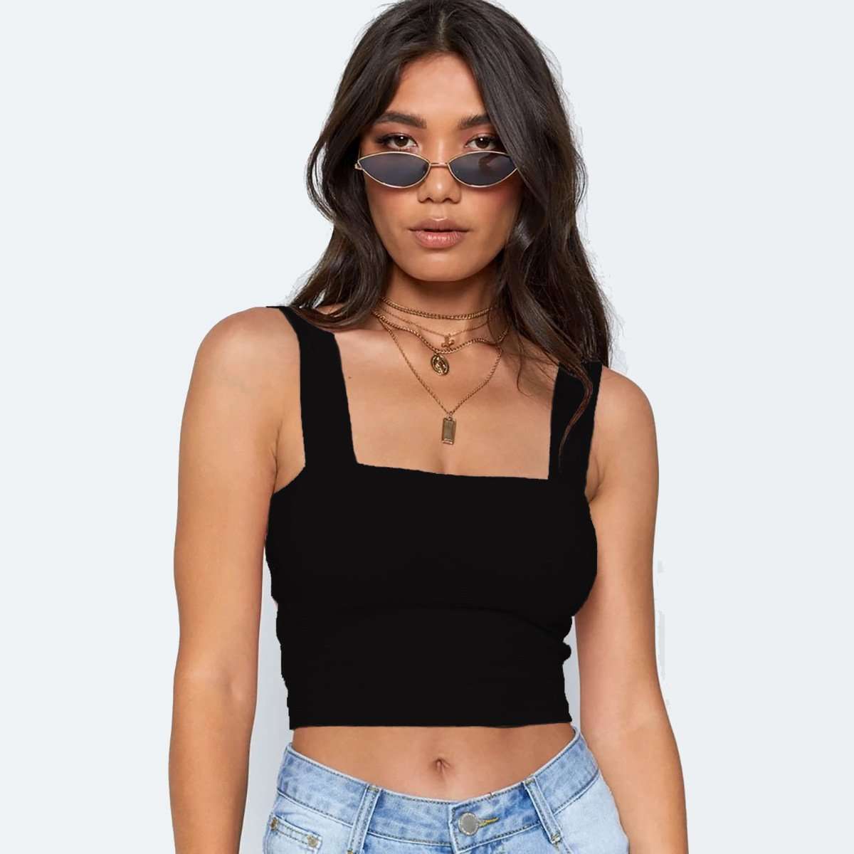 Square Neck Sleeveless Ribbed Crop Top - M, Black image