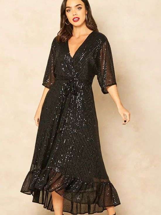 Sequin Dress Half Sleeves Cocktail Dress - L, Black image