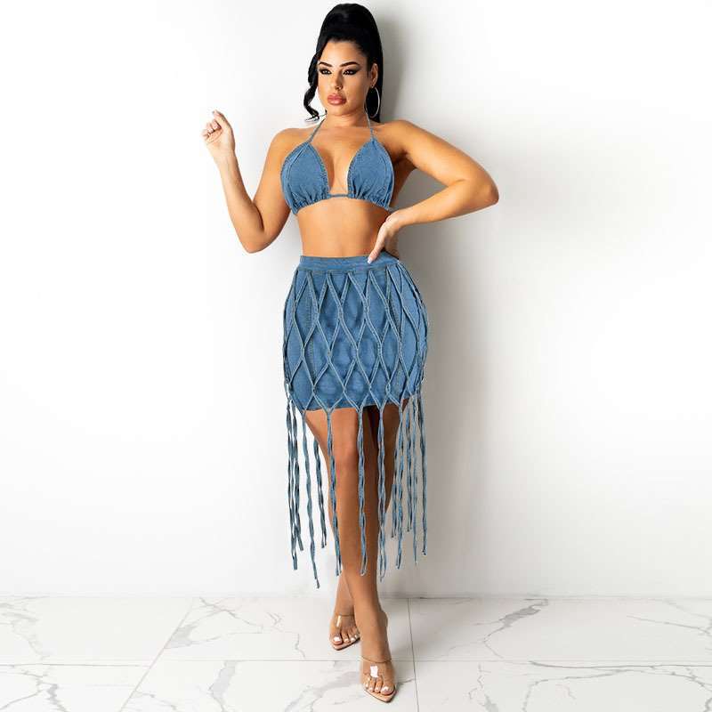 Bra Top & Fringe Skirt Two-Piece Set - L, Light Blue image