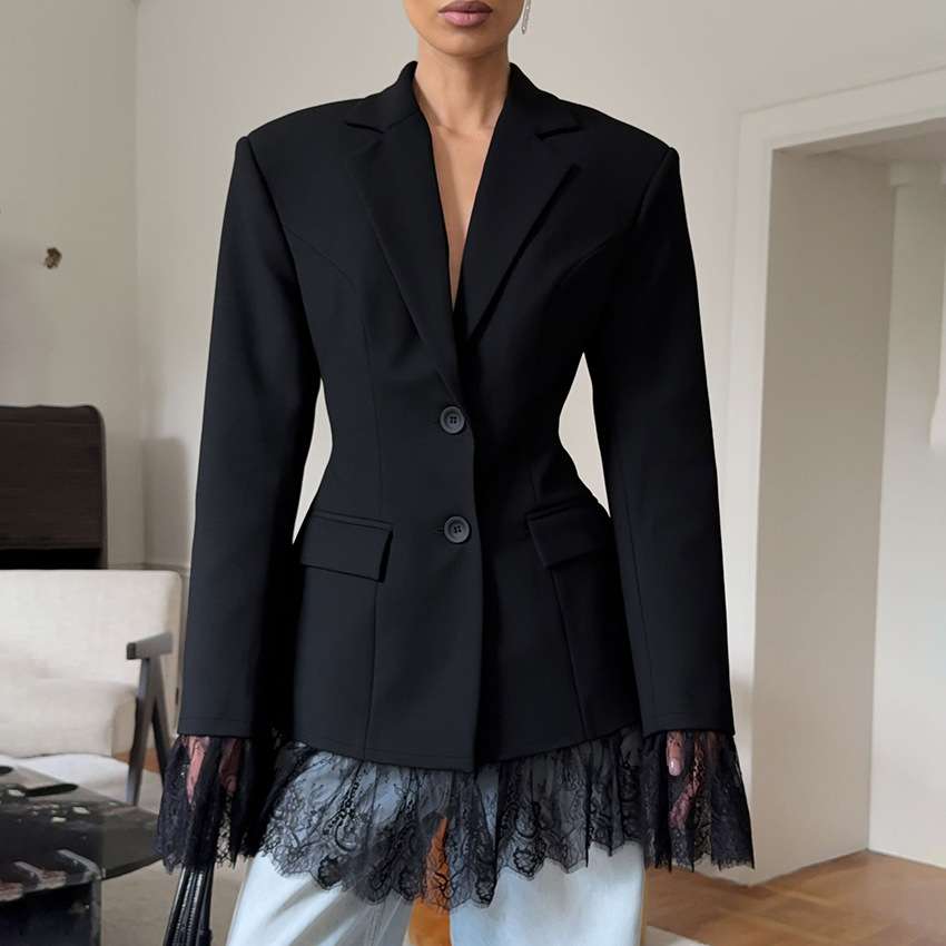 Structured Jacket with Lace Trim Details - S, Black image