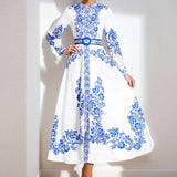 Retro Printed Long Sleeve Maxi Dress - S, Multi White image