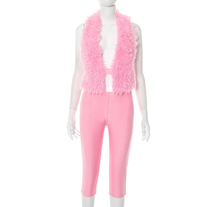 Faux Fur Open-Front Vest & Pants Set - S, Pink image