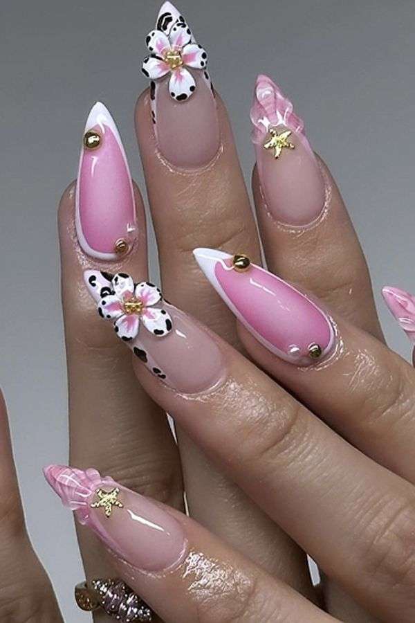 3D Floral Pink Stiletto Nail Art Set image 0