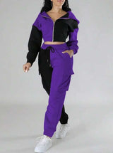 Color Block Cropped Hoodie & Cargo Joggers Set - L, Purple image