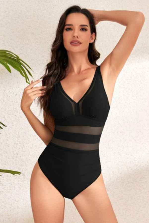 Sexy Mesh Patched V-Neck One Piece Swimsuit Bikini image 2