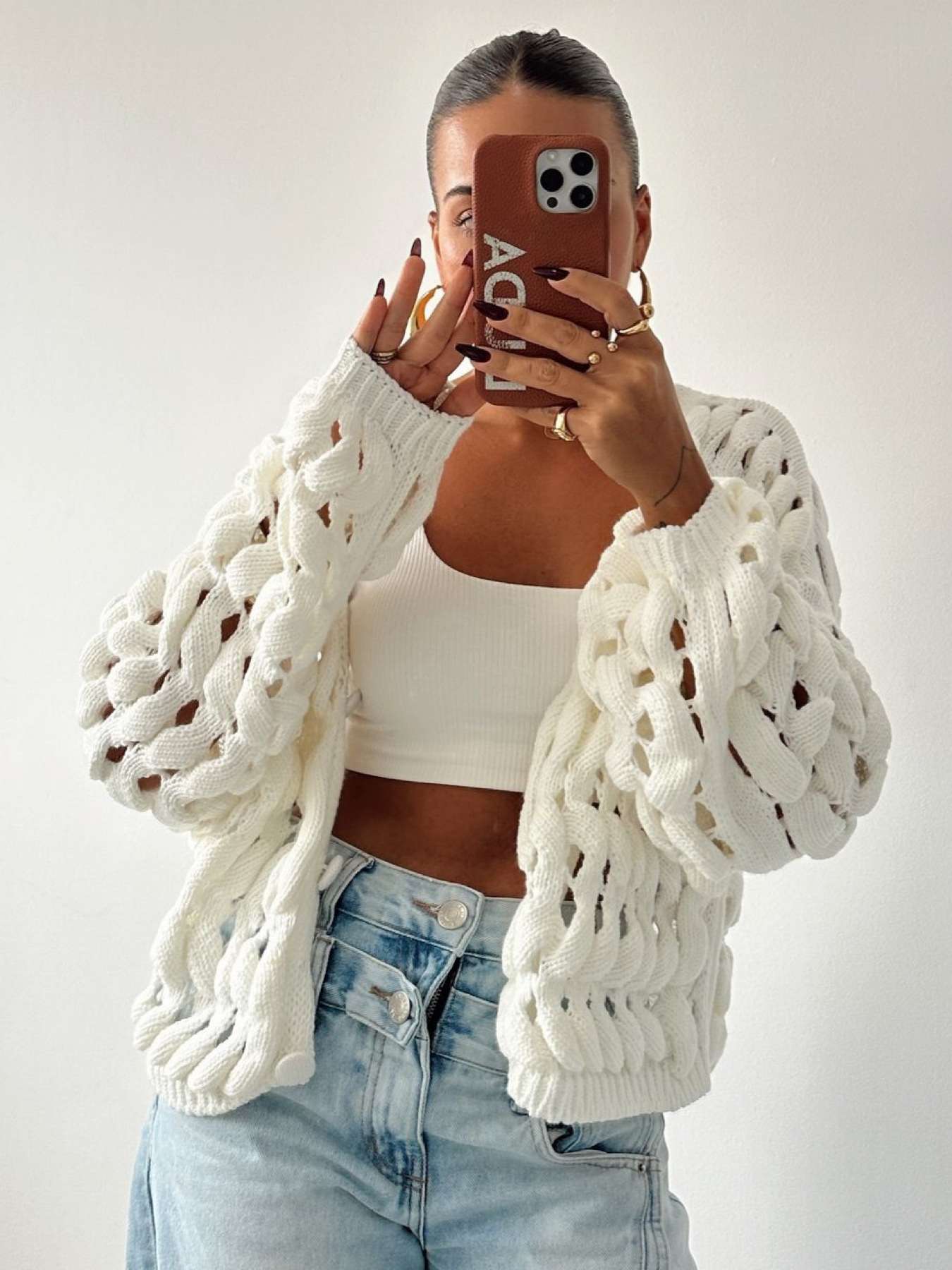 Cozy Cardigan with Open Weave Design - S, Light Beige image