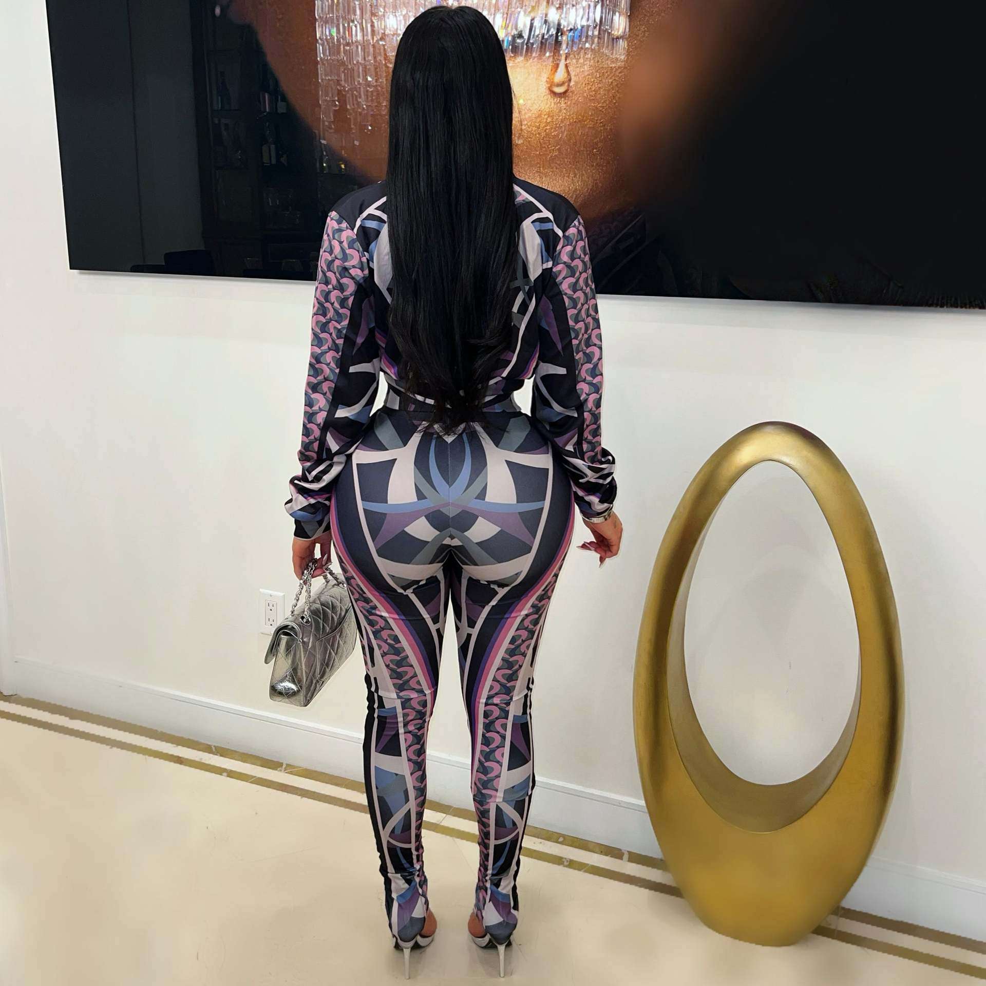 Geometric Print Zipper Front Two Piece Set image 4