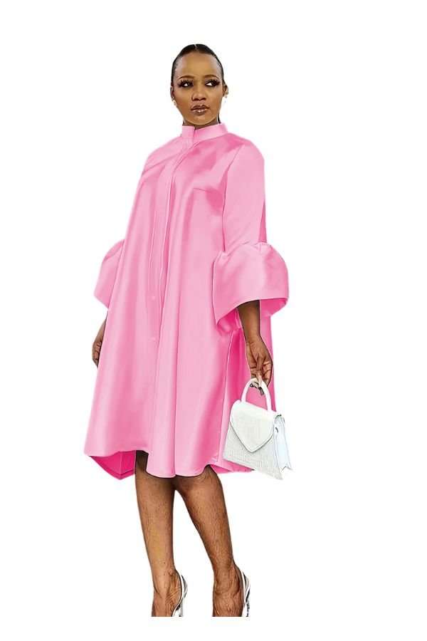 Flared Sleeve Solid Midi Dress - 2XL, Rose image