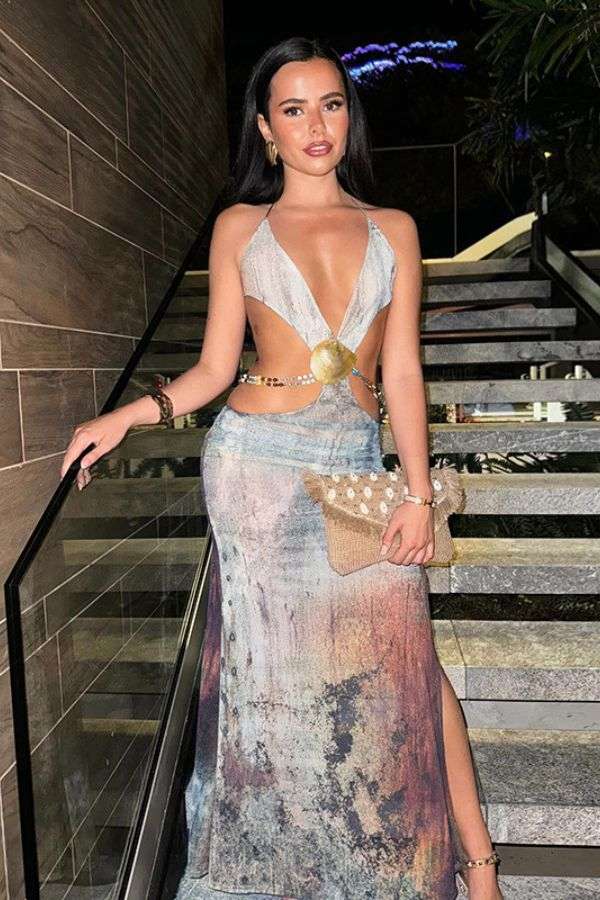 Backless Maxi Dress With Shell Trim - S, Light Blue image