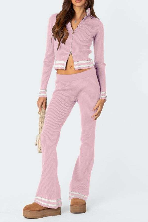 Long Sleeve Zip Up Crop Jacket Pants Set - M, Pink image