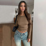 Ruched Long Sleeve Top - L, Beige image