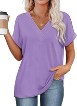 Casual V-Neck Rolled Sleeve Top - M, Purple image