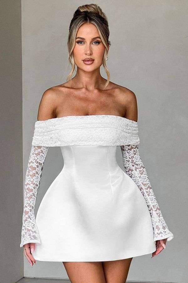 Off-Shoulder Lace-Sleeve Mini Dress image 0