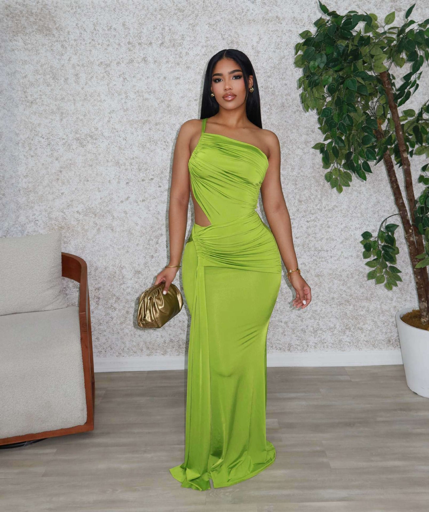 Elegant One-Shoulder White Evening Gown - S, Green image