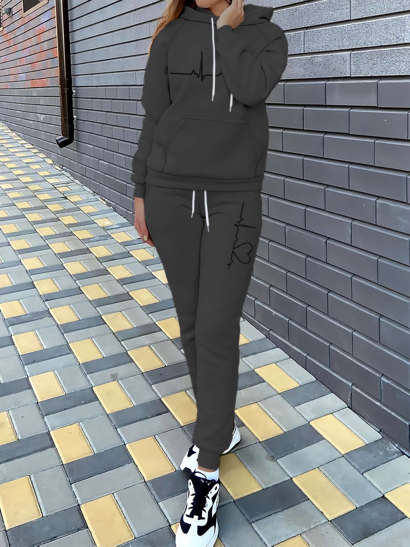 Heartbeat Print Hoodie & Joggers Set - S, Black image