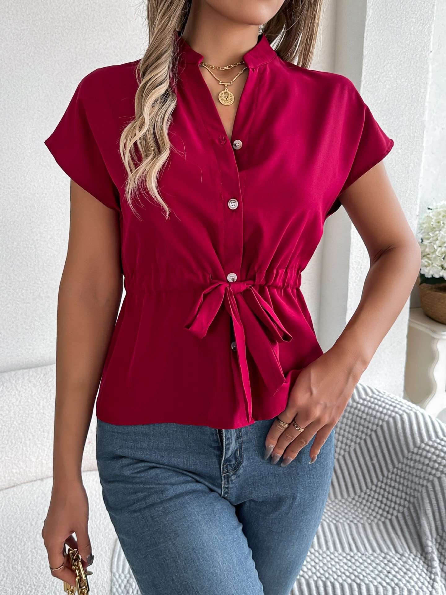 Button-Up Blouse with Waist Tie - S, Red image