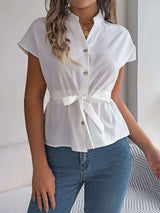 Button-Up Blouse with Waist Tie - S, White image