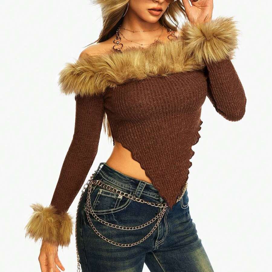 Off the Shoulder Fluff Tops - S, Chestnut Brown image