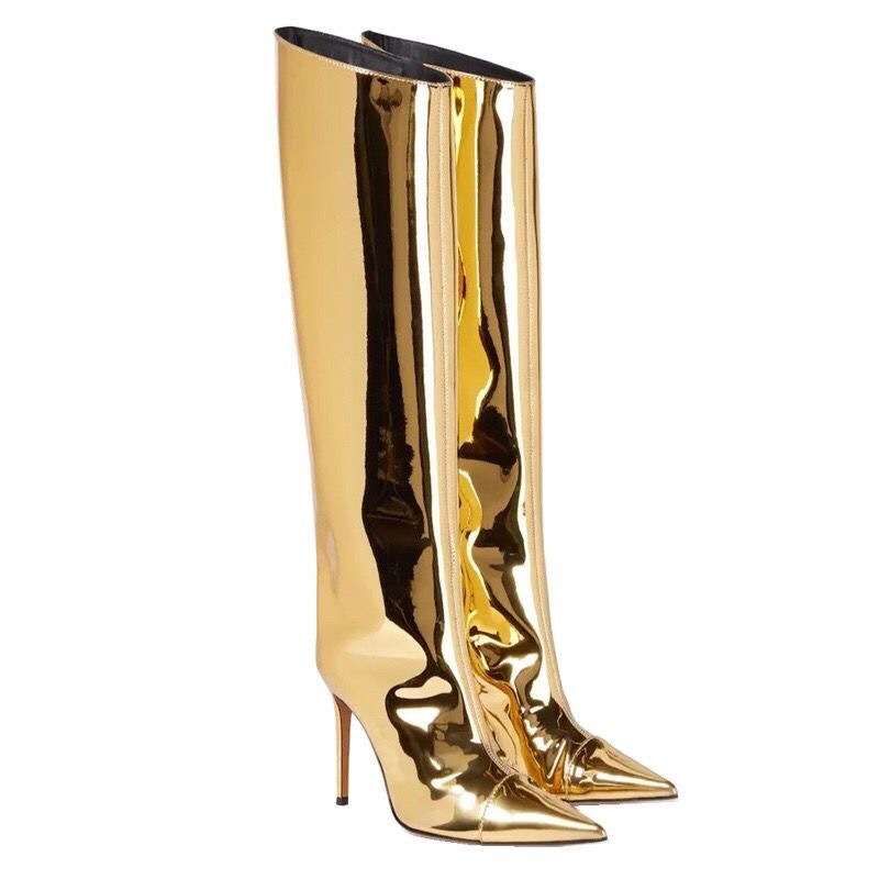 Metal Boots with Pointed Toe knee-high boots - 7.5, Gold image