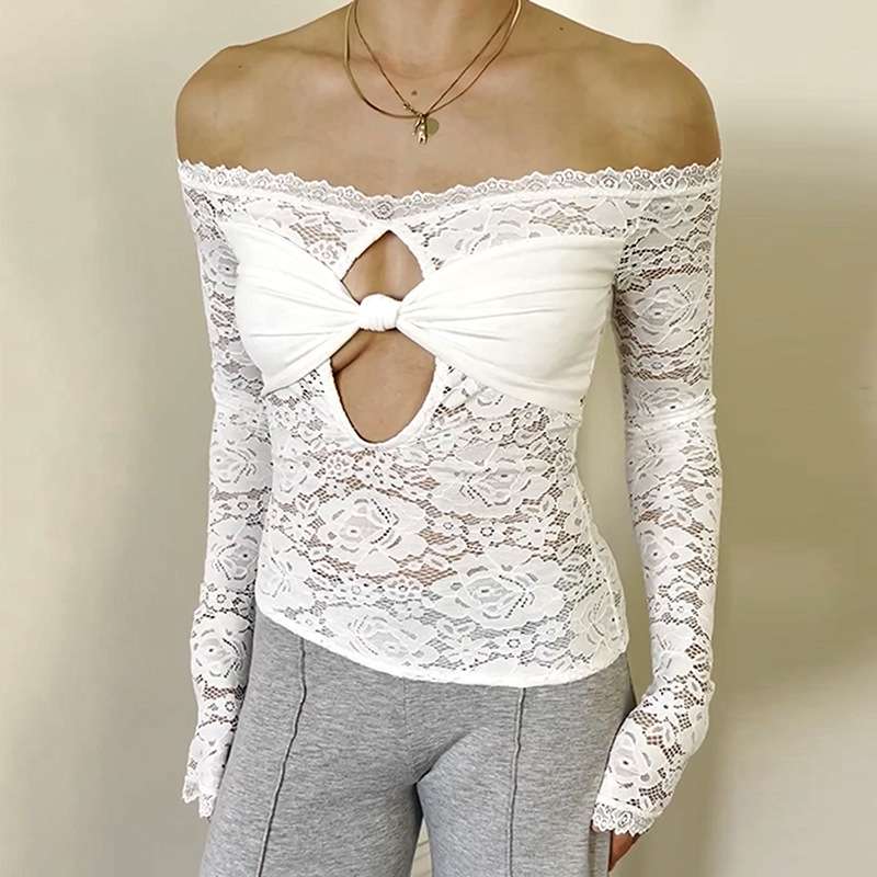 Lace Top with Bow and Cutout Detail image 5