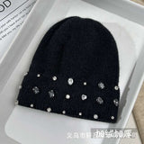 Rhinestone Beanie Soft Warm Winter Skully Hat - Free Size, Black image