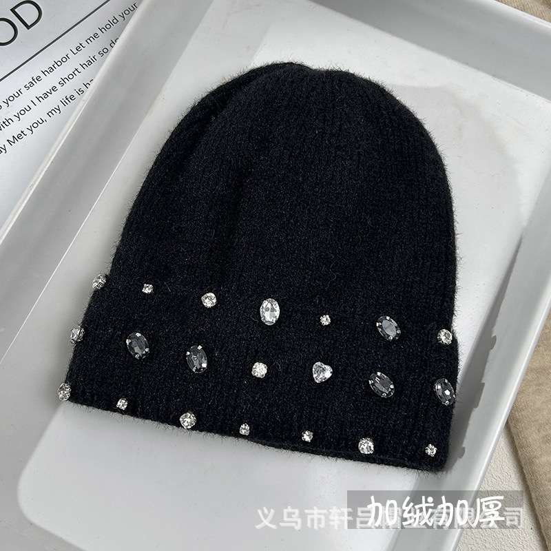 Rhinestone Beanie Soft Warm Winter Skully Hat - Free Size, Black image