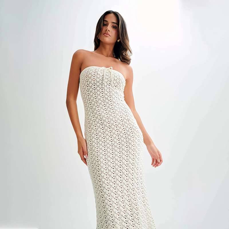 Strapless Crochet Midi Dress - S, White image