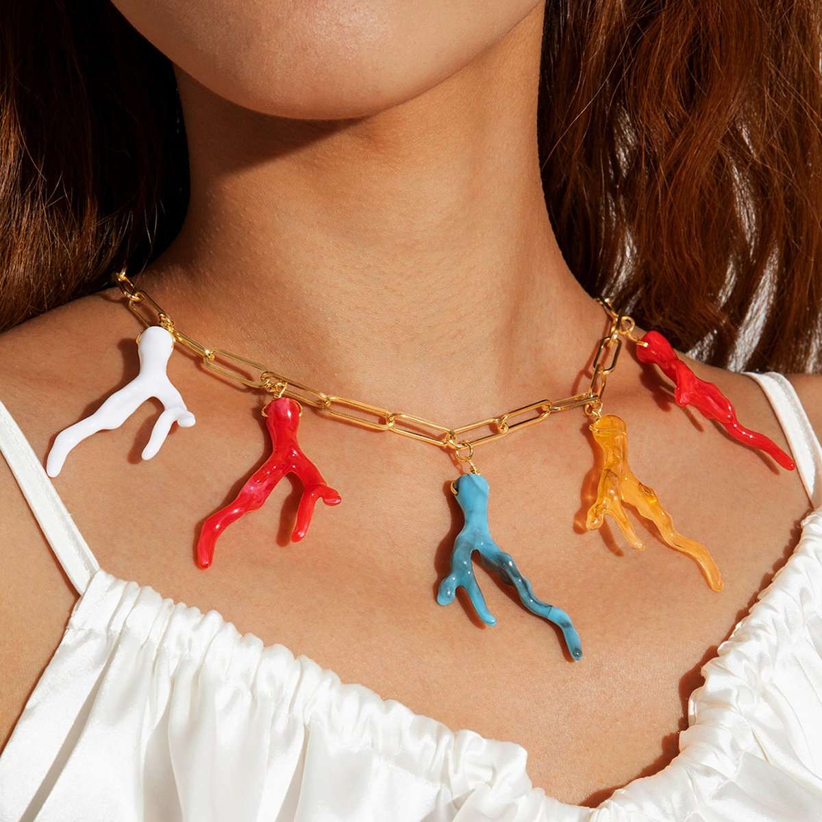 Multicolor Abstract Coral Charm Necklace - Free Size, Gold image