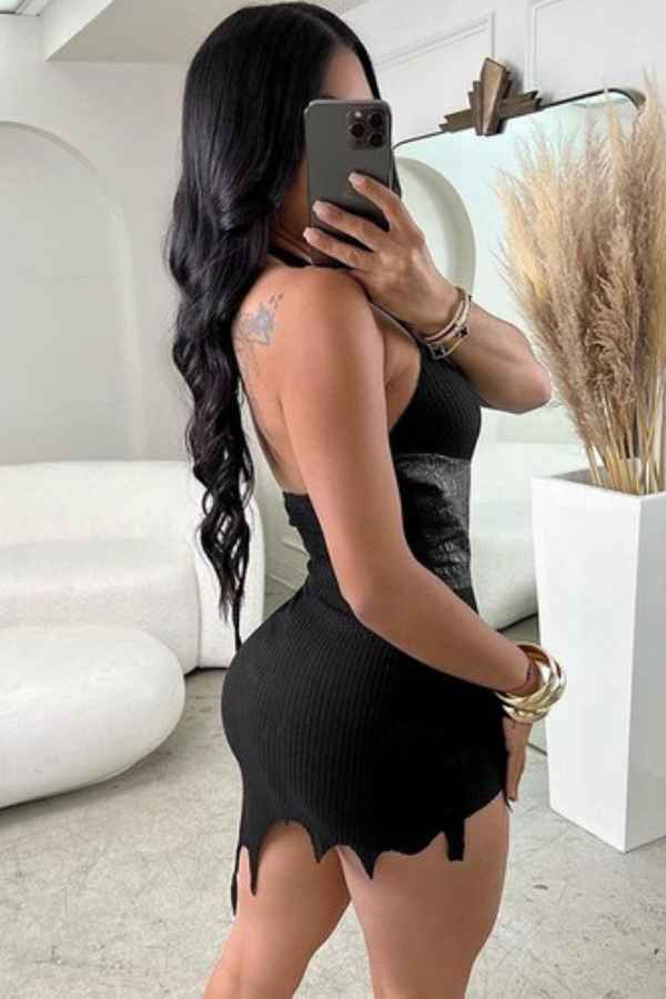 Sexy Halter Neck PU Patched Asymmetric Hem Mini Dress image 1