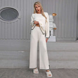 Casaul Sweater Sets Pullover Tops Wide Leg Pants - S, Off White image