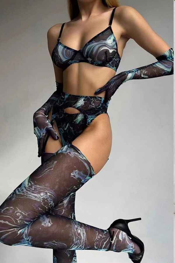Sexy Printed Bodysuit Stockings Five Piece Lingerie Set image 0