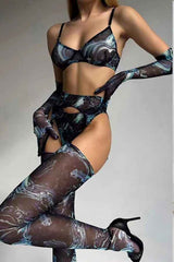 Sexy Printed Bodysuit Stockings Five Piece Lingerie Set image 0