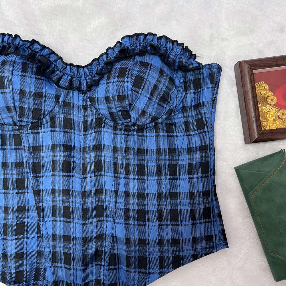 Plaid Strapless Ruffle Trim Corset Top image 2
