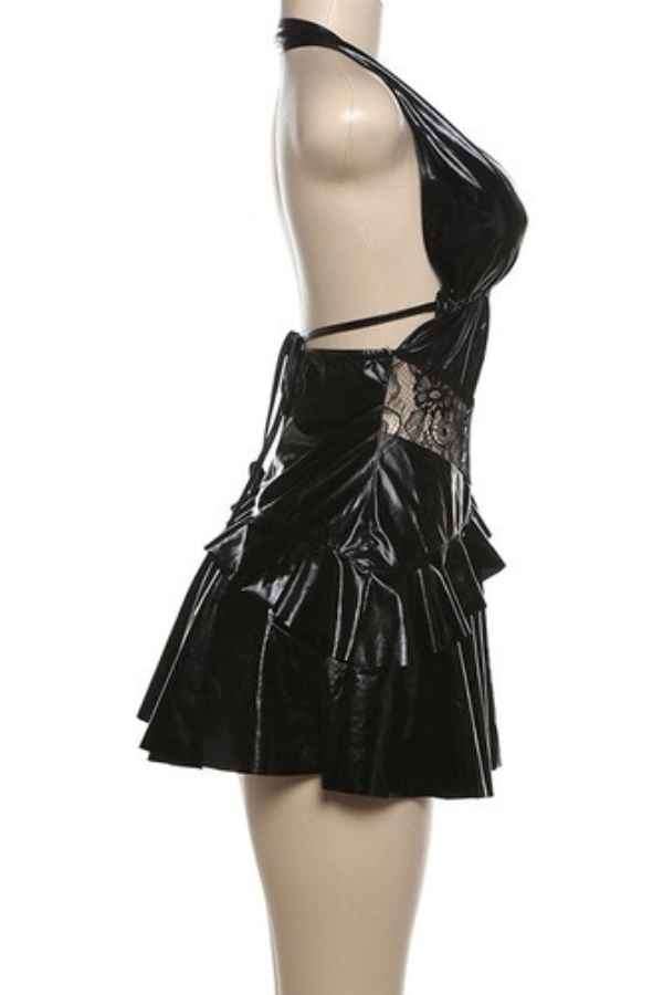 Sexy Halter Neck Deep-V PU Leather Backless Mini Dress image 4