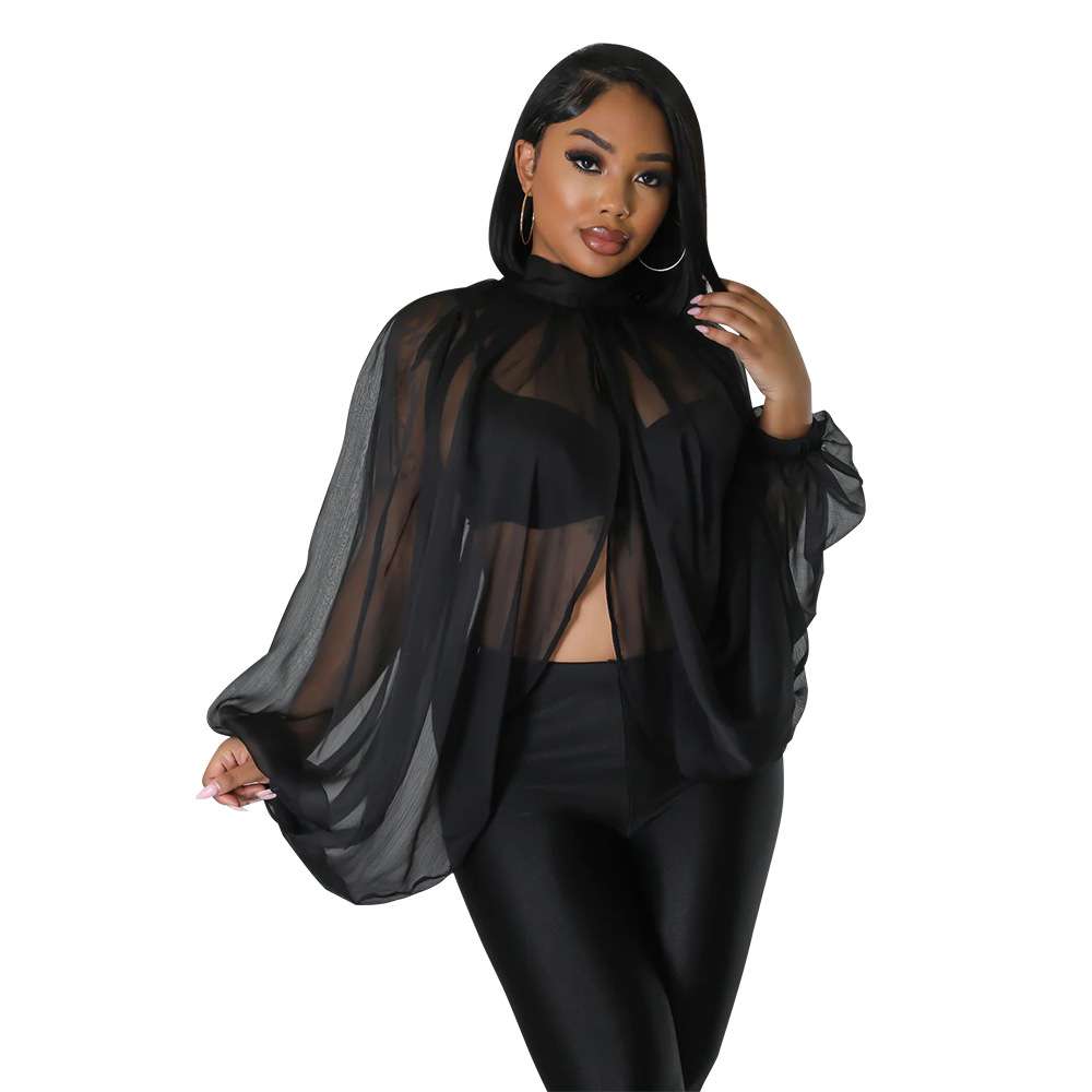 Fashion Tunic Split Long-Sleeve Tops - L, Black image
