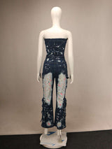 Off-Shoulder Cargo Splash Ink Bell Bottom Jumpsuit image 2