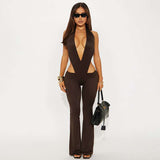 Cut-Out Deep V Neck Top & Pants - M, Brown image